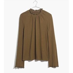 Madewell | Women's Small Long Sleeve Blouse | Olive Green | Ruffled Mockneck Top